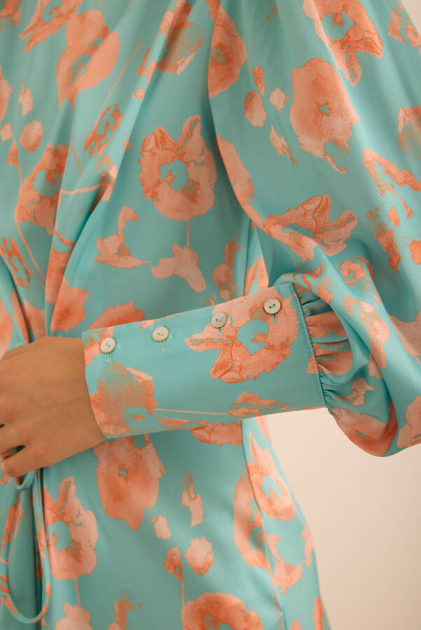 Turkuaz Çiçek Desenli Beli Bağlama Detaylı Elbise - 6