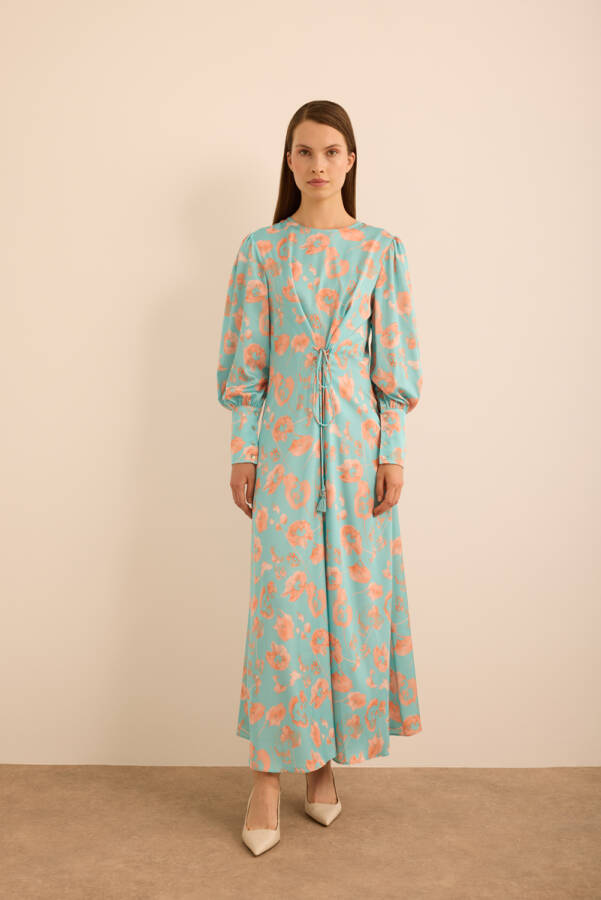 Turkuaz Çiçek Desenli Beli Bağlama Detaylı Elbise - Aker