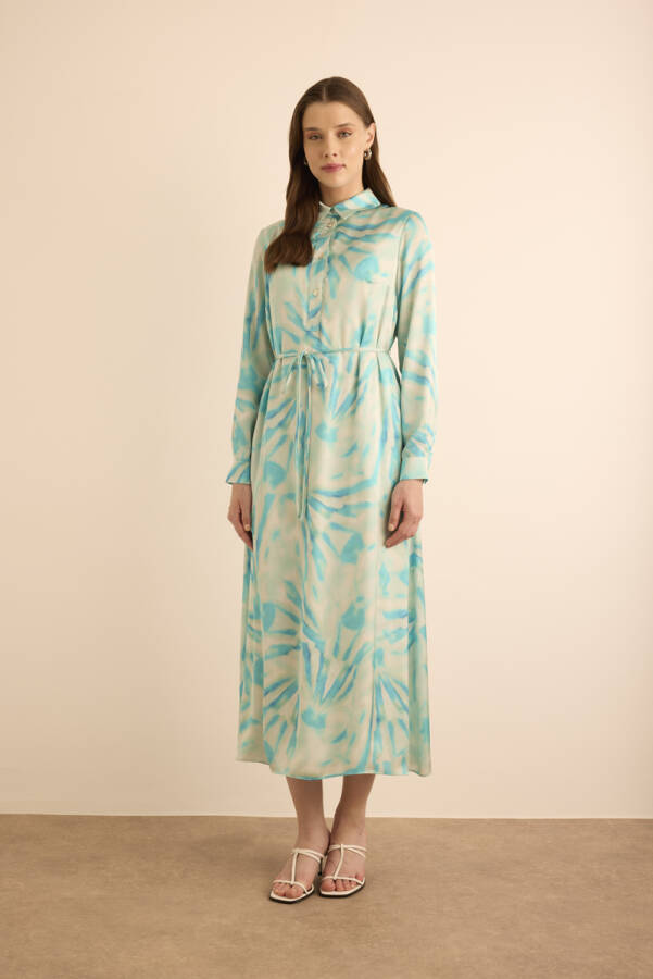 Turkuaz Desenli Gömlek Elbise - 1