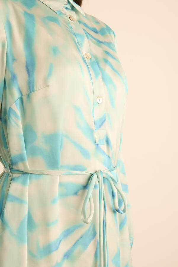 Turkuaz Desenli Gömlek Elbise - 5
