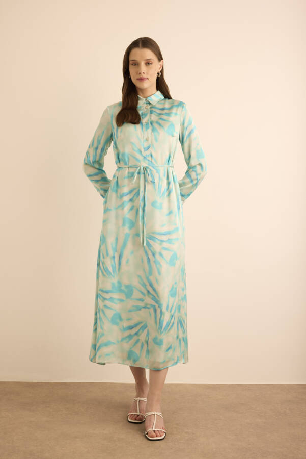 Turkuaz Desenli Gömlek Elbise - Aker (1)