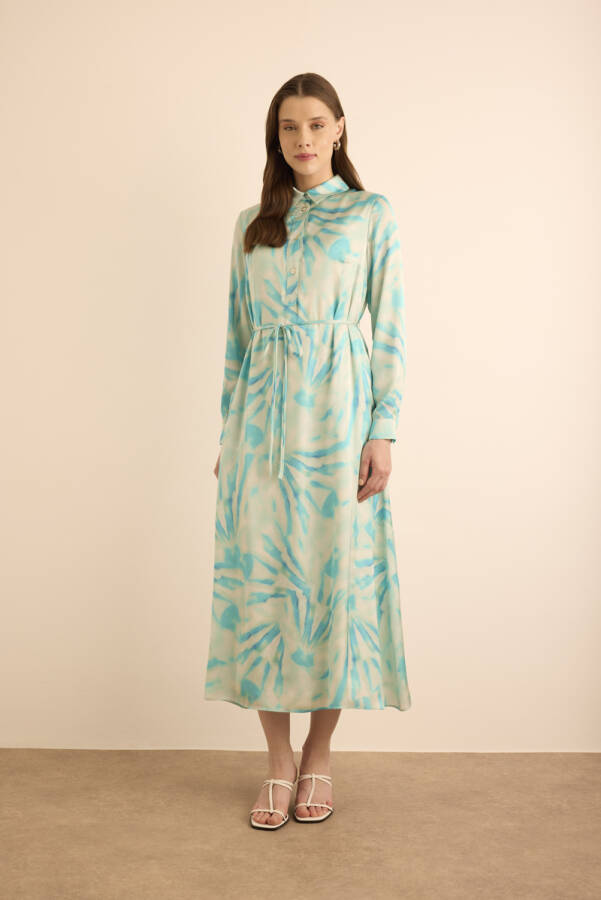 Turkuaz Desenli Gömlek Elbise - 4