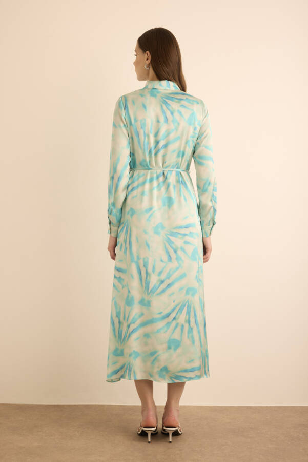 Turkuaz Desenli Gömlek Elbise - 7