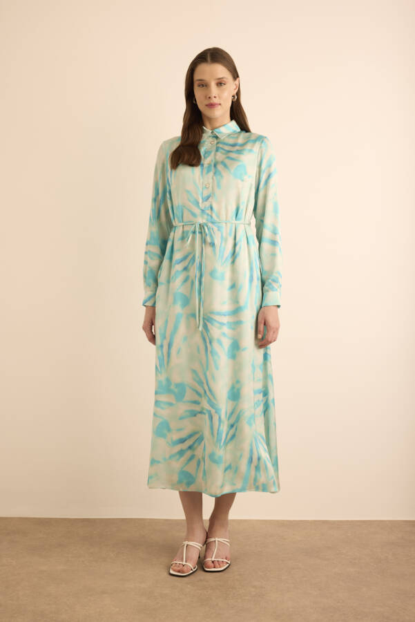 Turkuaz Desenli Gömlek Elbise - 3