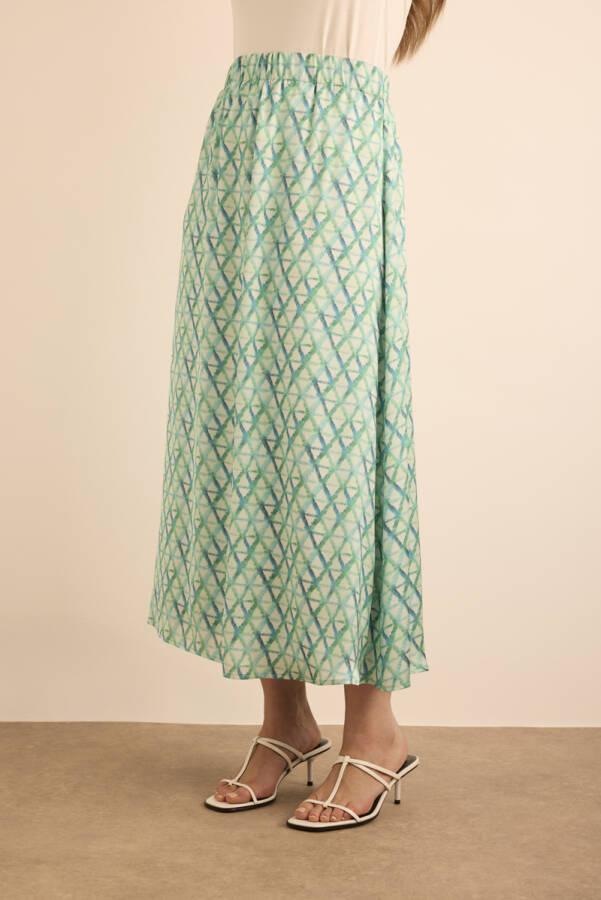 Turkuaz Geometrik Desenli Beli Lastikli Etek - 4
