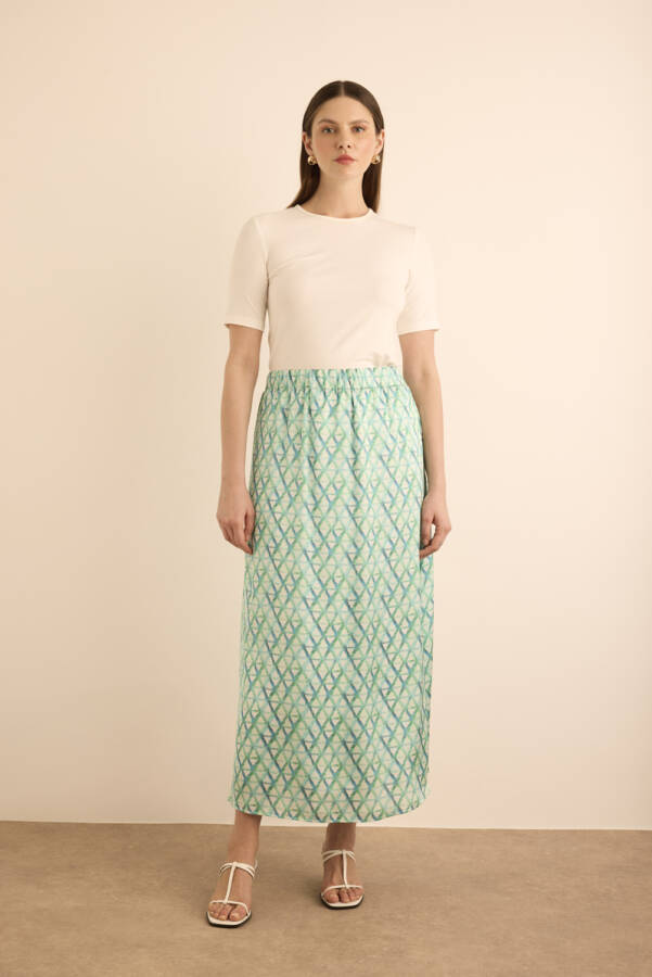 Turkuaz Geometrik Desenli Beli Lastikli Etek - Aker (1)