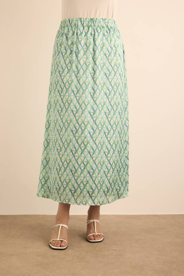 Turkuaz Geometrik Desenli Beli Lastikli Etek - 3