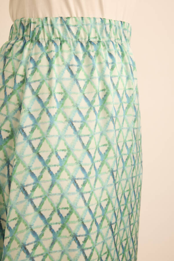 Turkuaz Geometrik Desenli Beli Lastikli Etek - 5