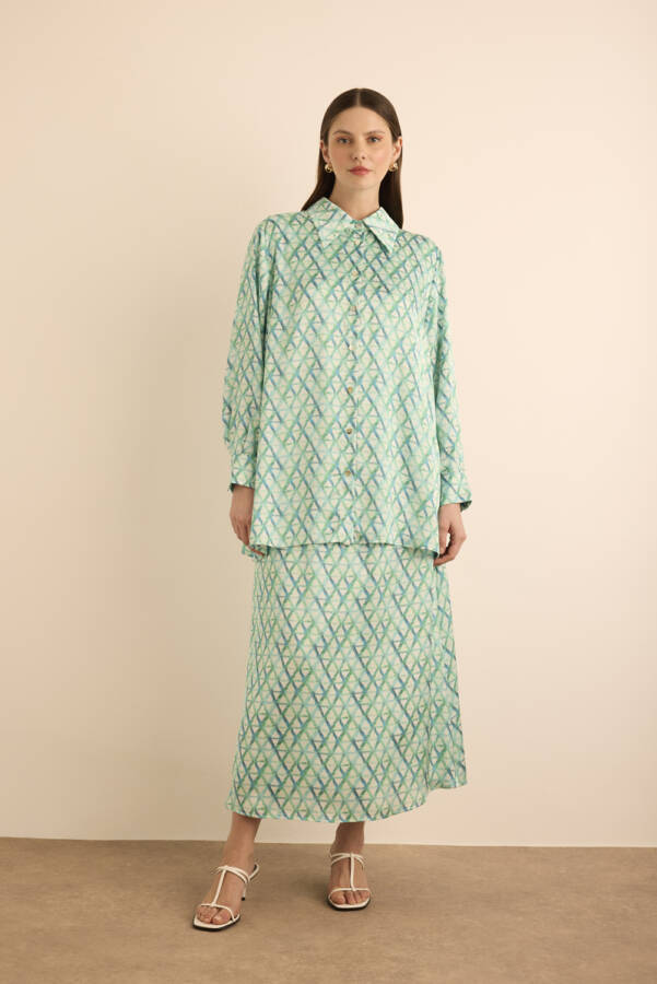 Turkuaz Geometrik Desenli Beli Lastikli Etek - Aker