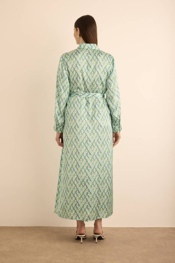 Turkuaz Geometrik Desenli Gömlek Elbise - 6