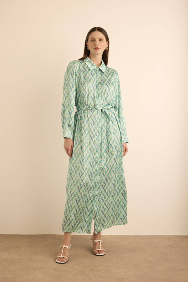 Turkuaz Geometrik Desenli Gömlek Elbise - Aker