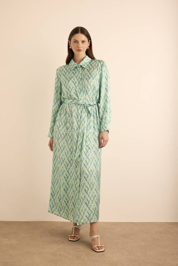 Turkuaz Geometrik Desenli Gömlek Elbise - 4
