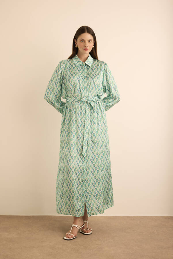 Turkuaz Geometrik Desenli Gömlek Elbise - 3
