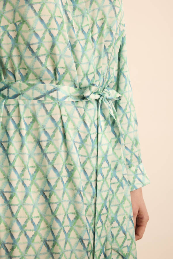 Turkuaz Geometrik Desenli Gömlek Elbise - 5
