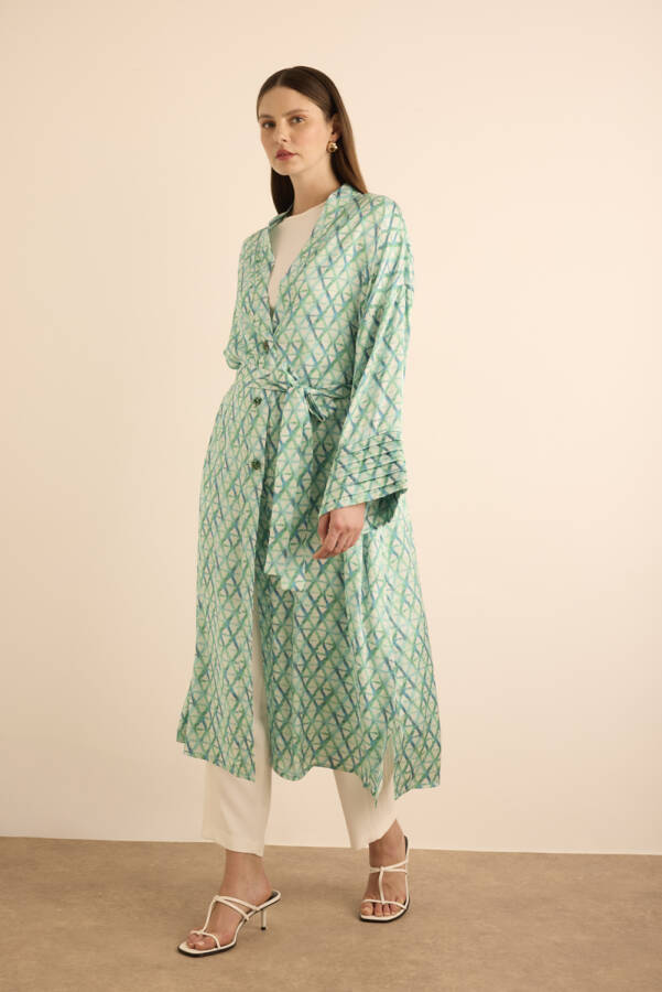 Turkuaz Geometrik Desenli Kolları Nervür Detaylı Kımono - 3