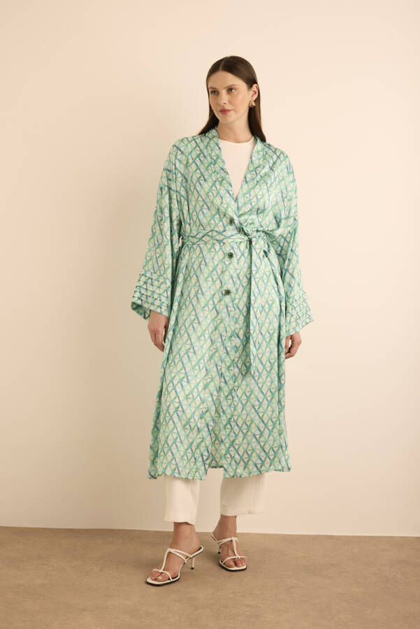 Turkuaz Geometrik Desenli Kolları Nervür Detaylı Kımono - 4