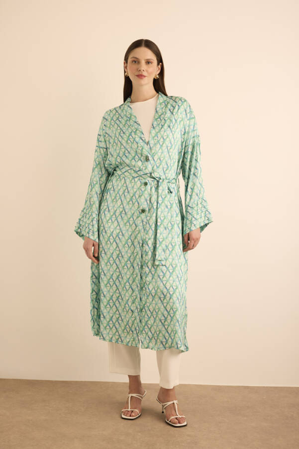 Turkuaz Geometrik Desenli Kolları Nervür Detaylı Kımono - 5