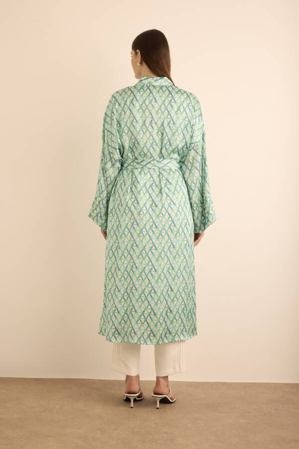 Turkuaz Geometrik Desenli Kolları Nervür Detaylı Kımono - 7
