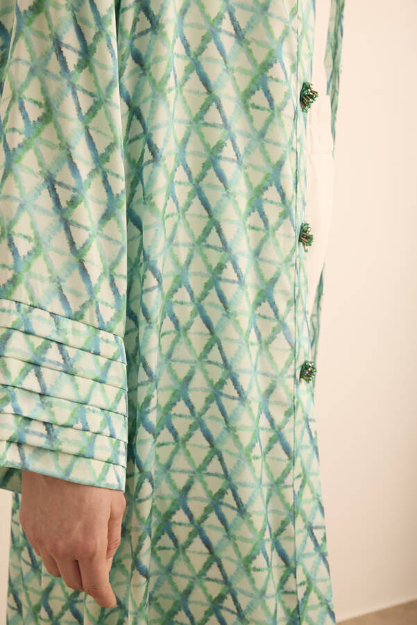 Turkuaz Geometrik Desenli Kolları Nervür Detaylı Kımono - 6