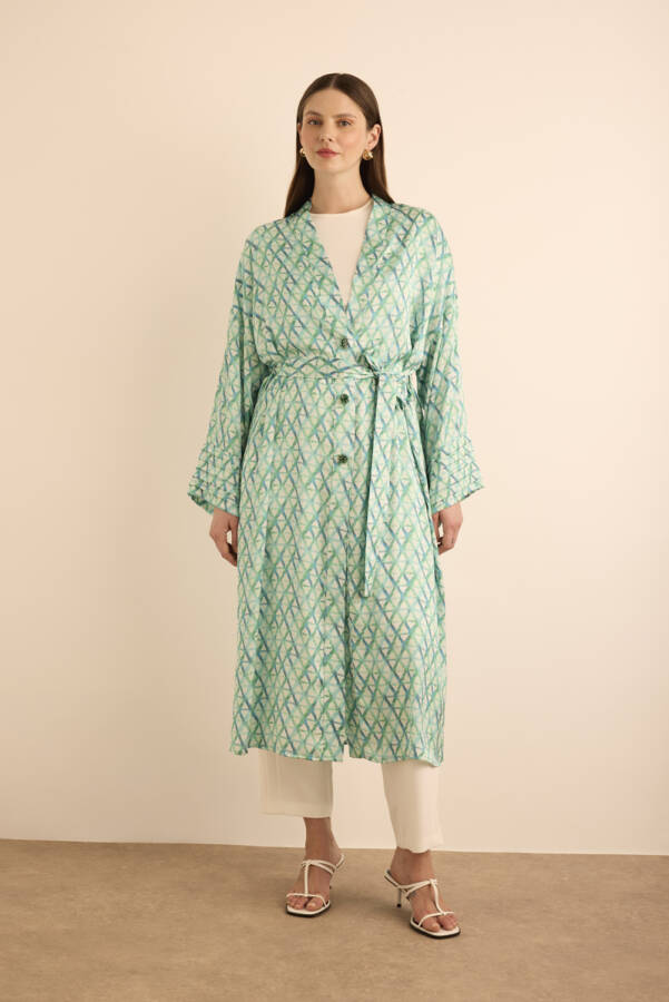 Turkuaz Geometrik Desenli Kolları Nervür Detaylı Kımono - Aker