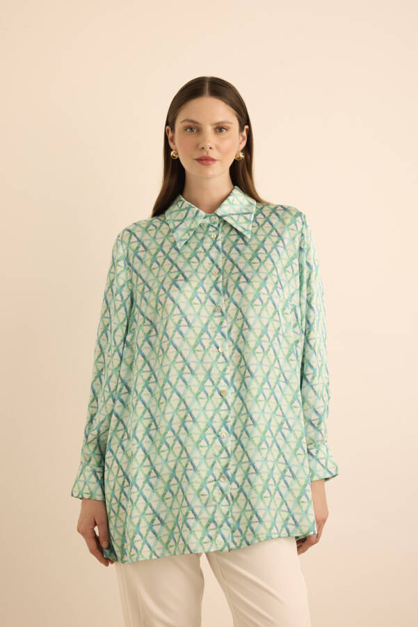 Turkuaz Geometrik Desenli Tunik - 3