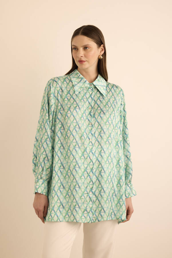 Turkuaz Geometrik Desenli Tunik - 5
