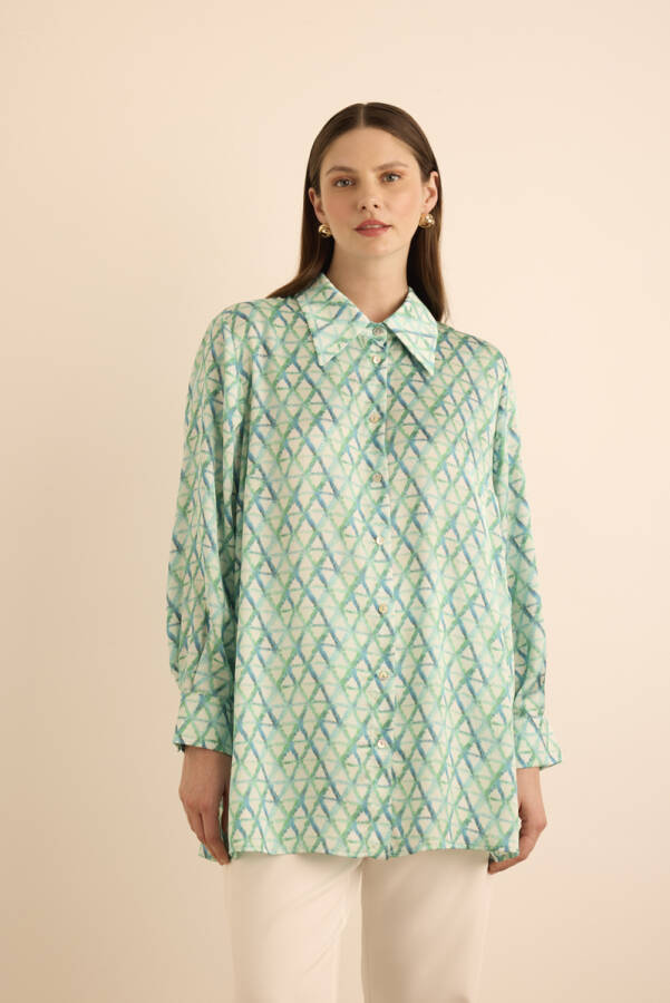 Turkuaz Geometrik Desenli Tunik - Aker