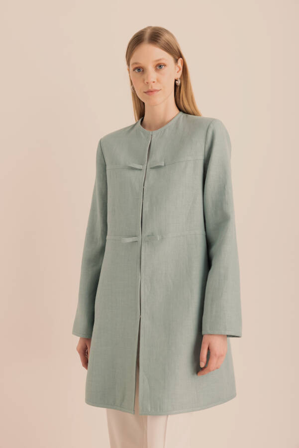 Turkuaz Önü Sabit Fiyonk Detaylı Keten Agraf Kapama Kap - 6