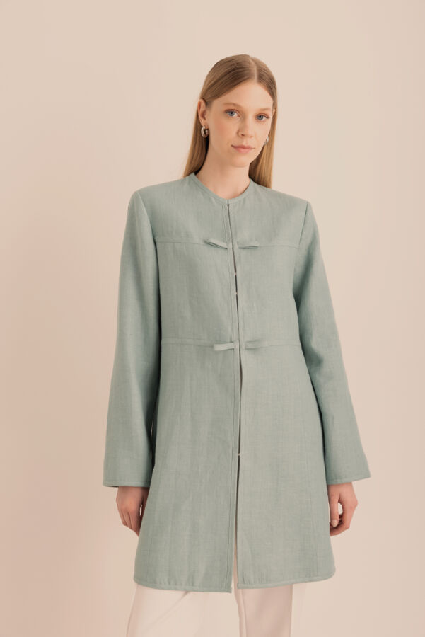 Turkuaz Önü Sabit Fiyonk Detaylı Keten Agraf Kapama Kap - Aker