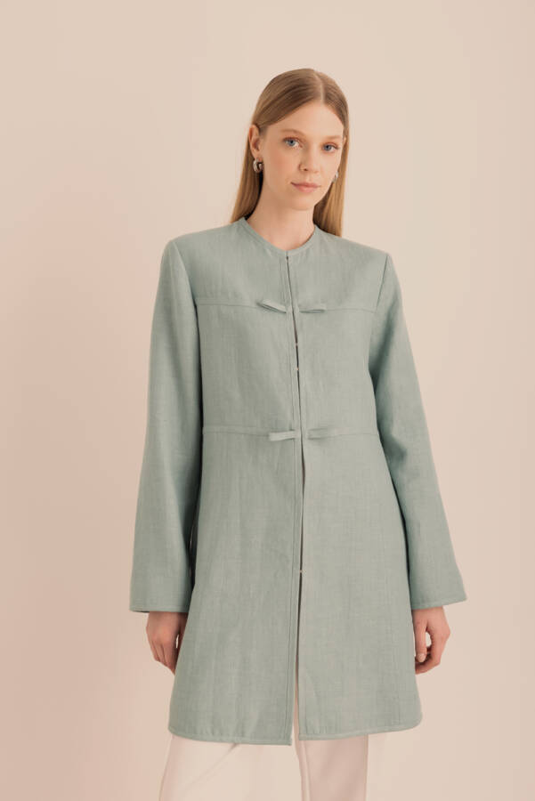 Turkuaz Önü Sabit Fiyonk Detaylı Keten Agraf Kapama Kap - Aker