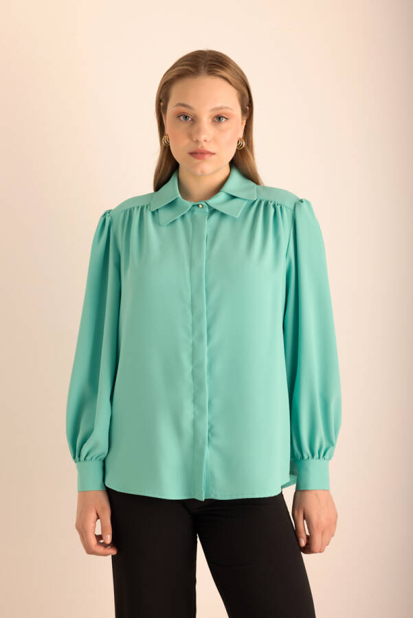 Turkuaz Yakası İşleme Detaylı Dokuma Gömlek - 2