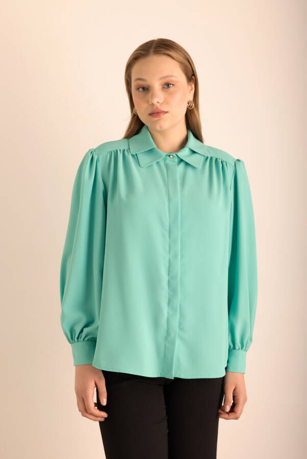 Turkuaz Yakası İşleme Detaylı Dokuma Gömlek - 5