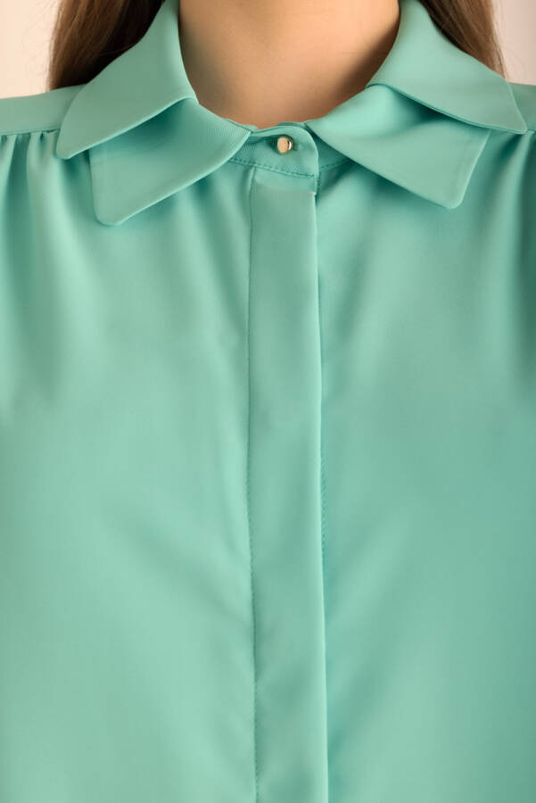 Turkuaz Yakası İşleme Detaylı Dokuma Gömlek - 4