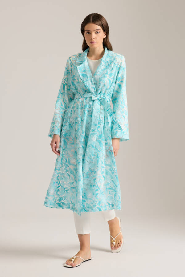 Turkuaz Yakma Organze Kumaştan Transparan Trençkot - Aker (1)