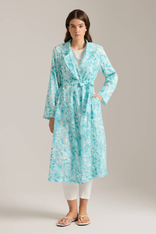 Turkuaz Yakma Organze Kumaştan Transparan Trençkot - Aker