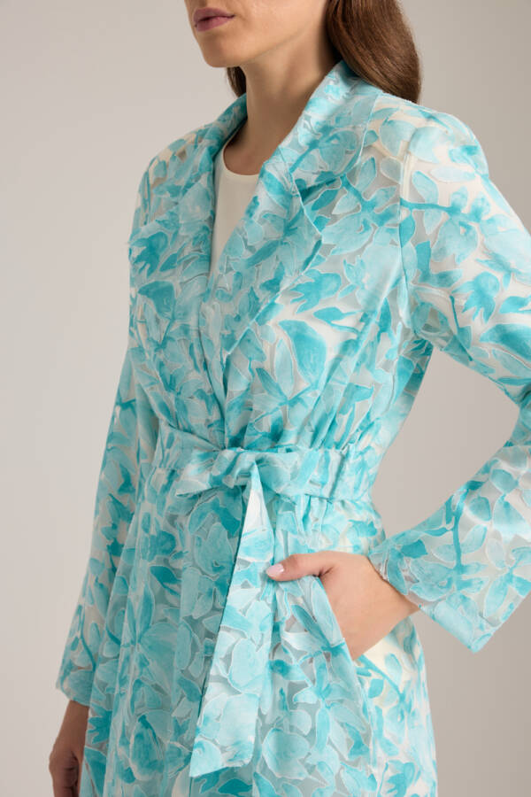 Turkuaz Yakma Organze Kumaştan Transparan Trençkot - 5