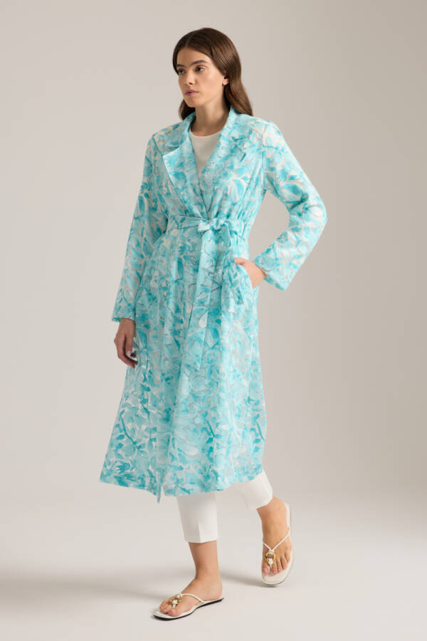 Turkuaz Yakma Organze Kumaştan Transparan Trençkot - 3