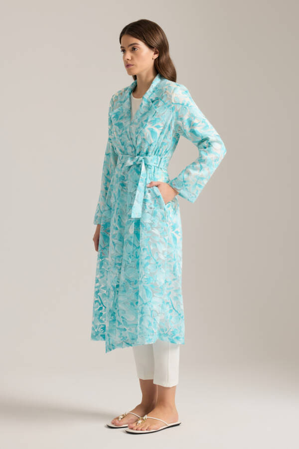 Turkuaz Yakma Organze Kumaştan Transparan Trençkot - 4