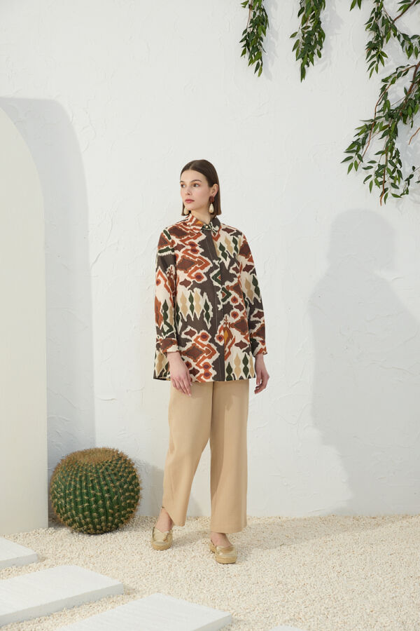 Turuncu Desenli Keten Gömlek - 1