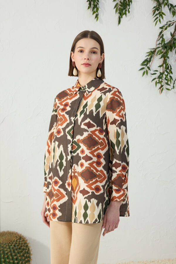Turuncu Desenli Keten Gömlek - 3
