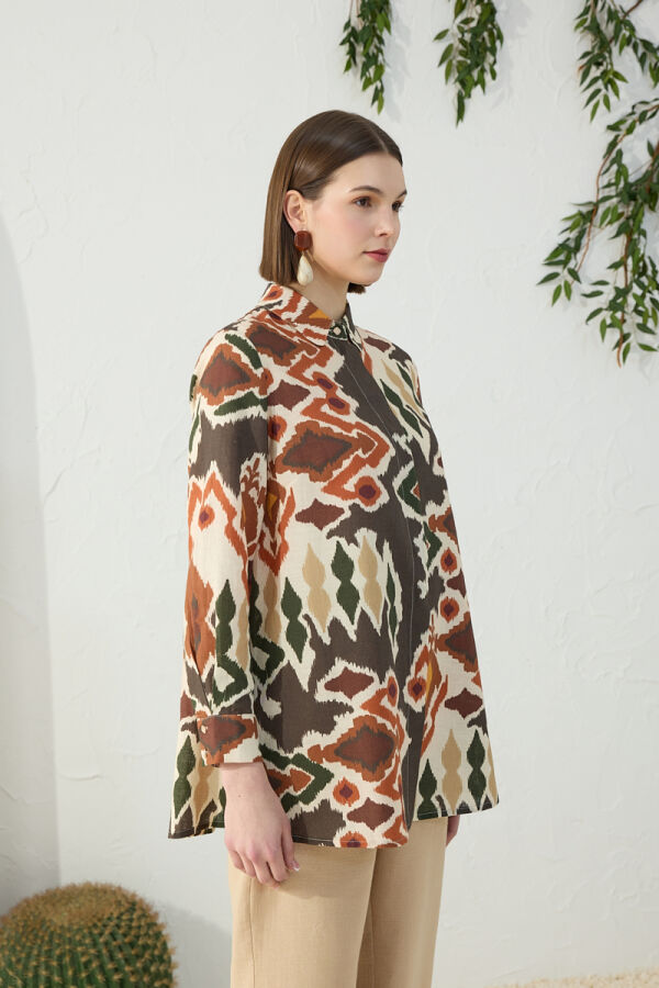 Turuncu Desenli Keten Gömlek - 4