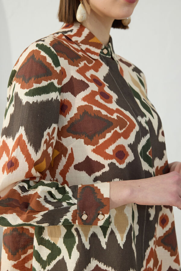 Turuncu Desenli Keten Gömlek - 5