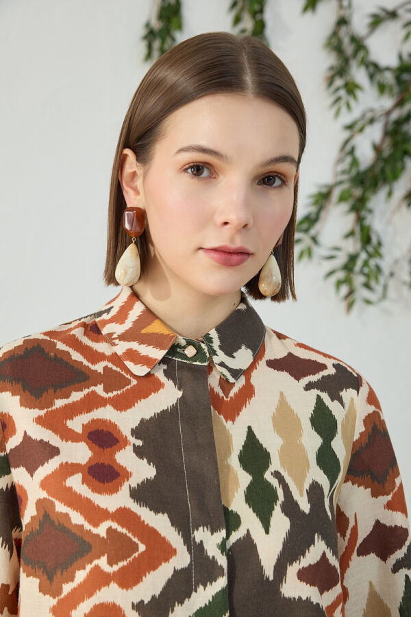 Turuncu Desenli Keten Gömlek - 6