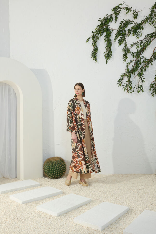 Turuncu Desenli Keten Kimono - 1