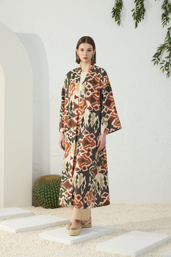 Turuncu Desenli Keten Kimono - 4