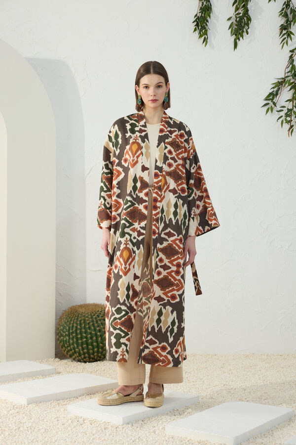 Turuncu Desenli Keten Kimono - 5