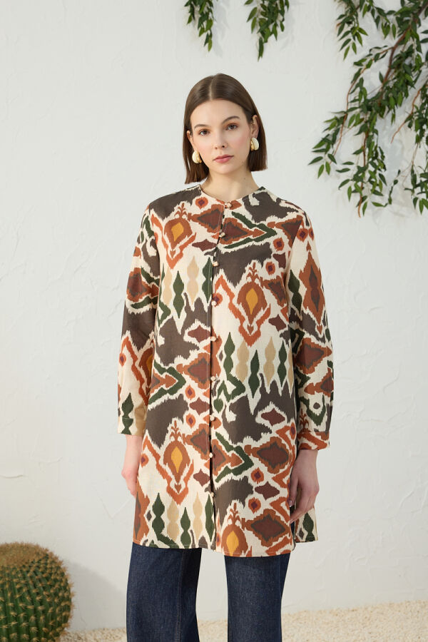 Turuncu Desenli Keten Tunik - 2