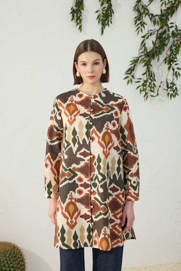 Turuncu Desenli Keten Tunik - 3