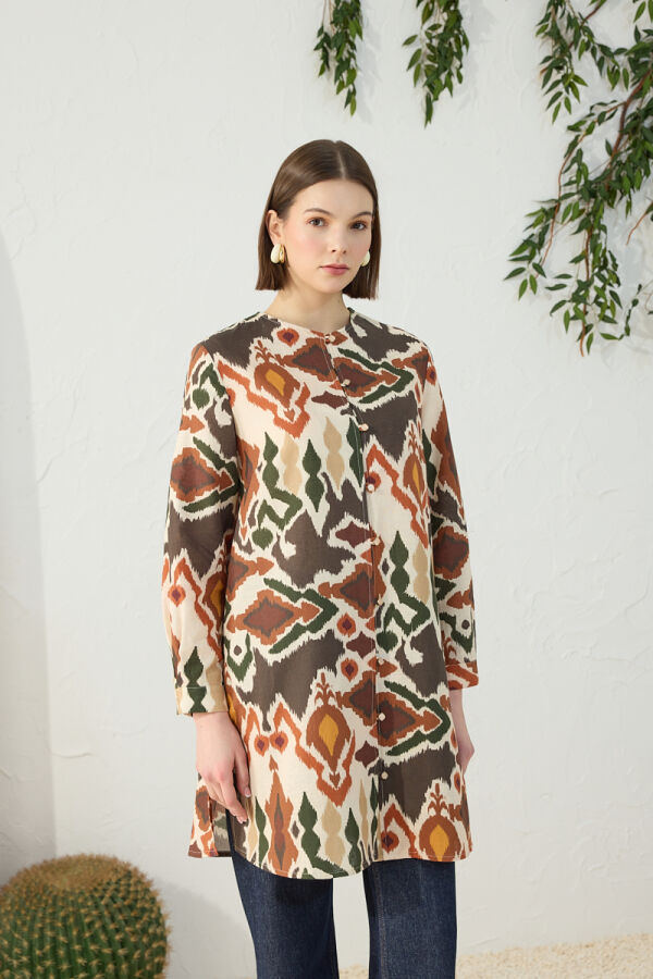 Turuncu Desenli Keten Tunik - 4