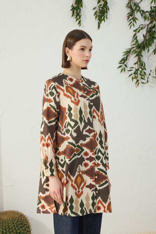 Turuncu Desenli Keten Tunik - 5